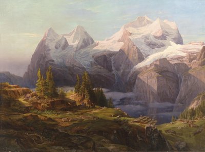 Uitzicht op het Berner Oberland met Mönch, Eiger en Jungfrau, op de voorgrond figuurlijke stafage door Anton Hansch